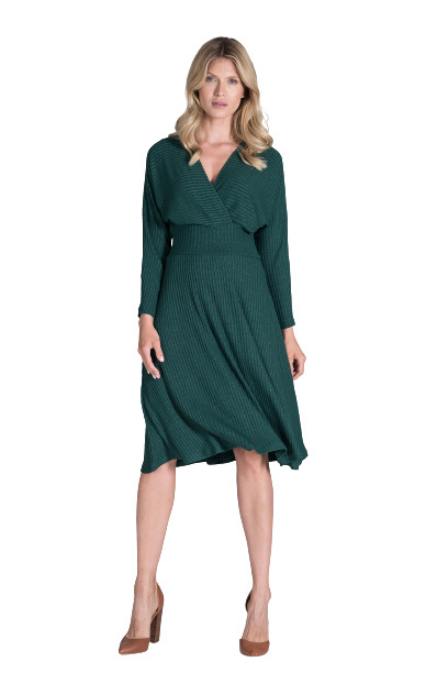 Sukienka Midi - Lejąca Prążkowana Rozkloszowana Dekolt V - zielona